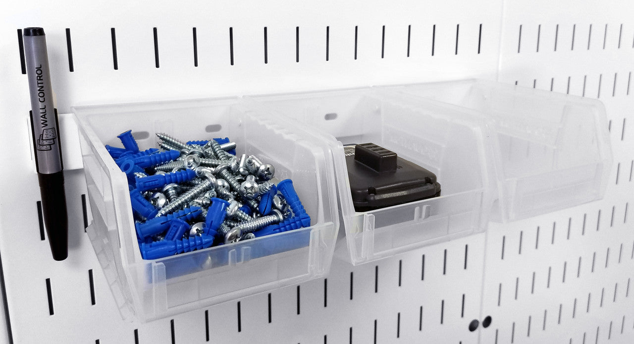 Bins that Hang on Peg Board Panels by Gym Pegboard