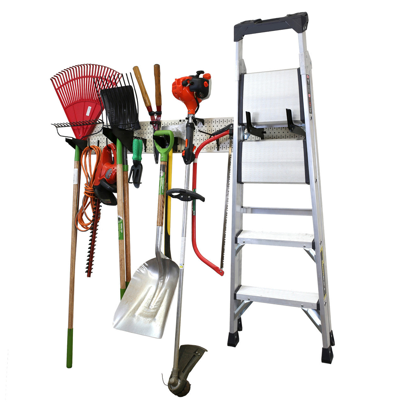 Lawn and Garden Tool Organization on Garage Storage Pegboard