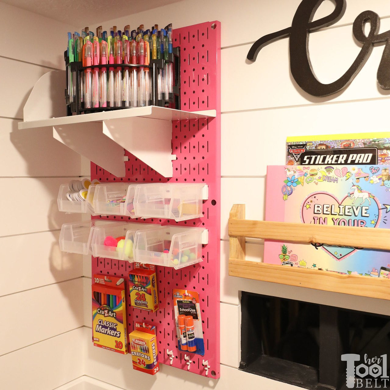 Her Tool Belt - Kids Craft Room with Pink Pegboard