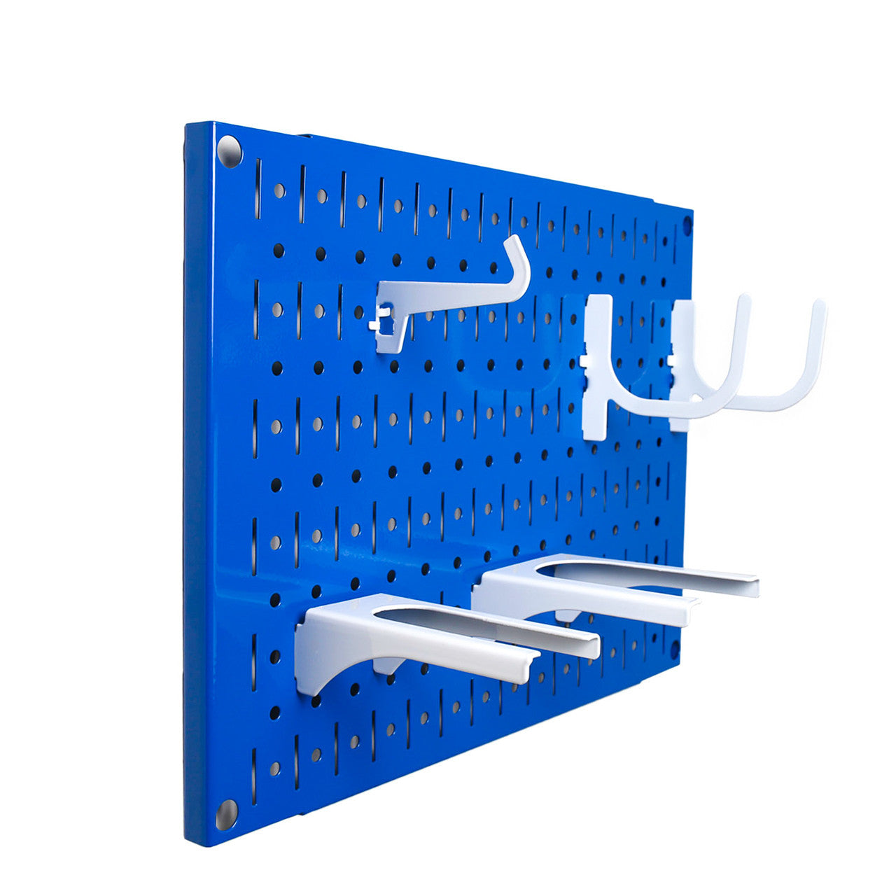 Small Blue Pegboard Tile with White Hooks and Accessories 