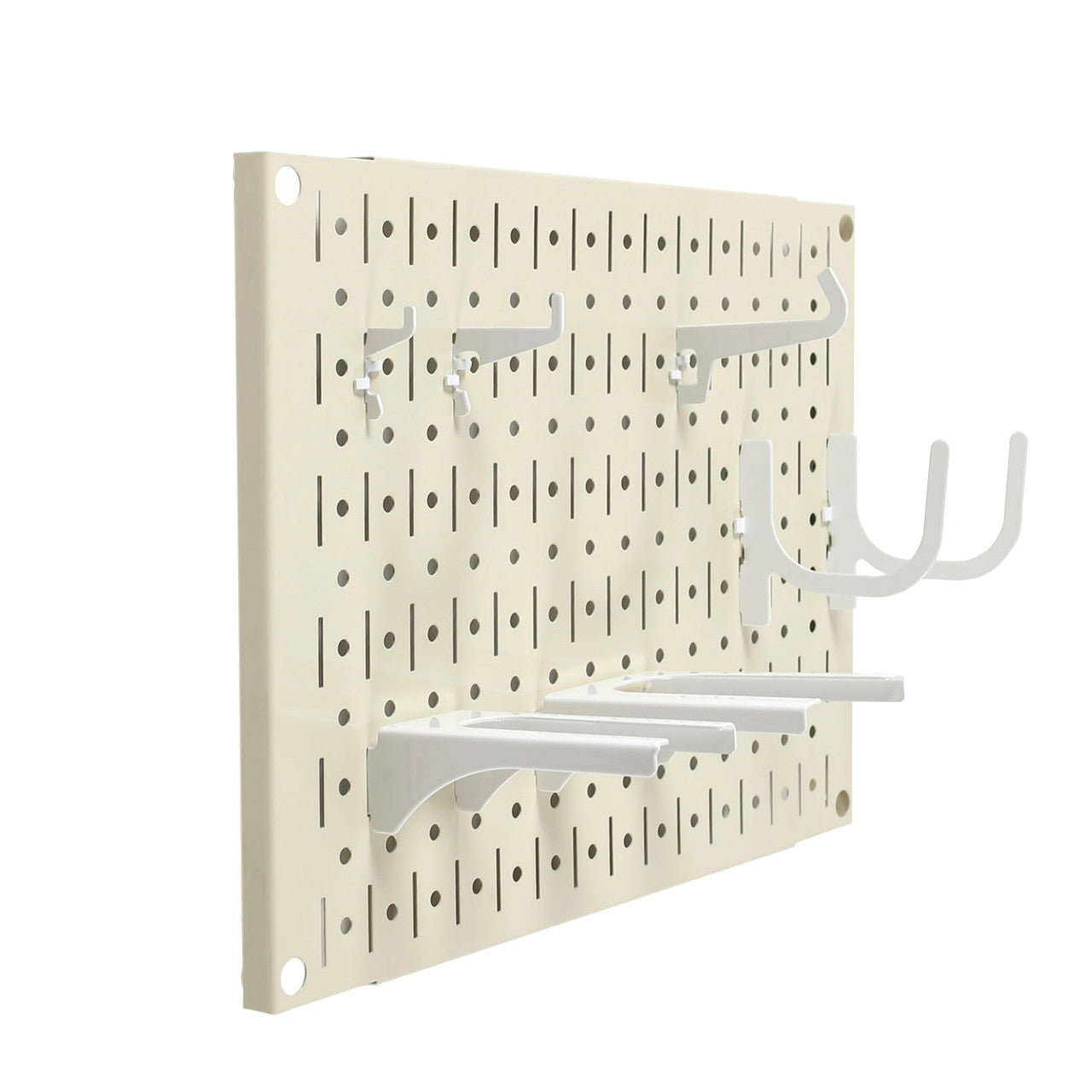 Small Beige Pegboard with White Hooks and Accessories 